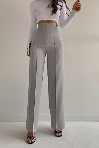 ELLEGANT Gray High Waist Ribbed Stitched Gathering Palazzo Women's Trousers-  Trendyol