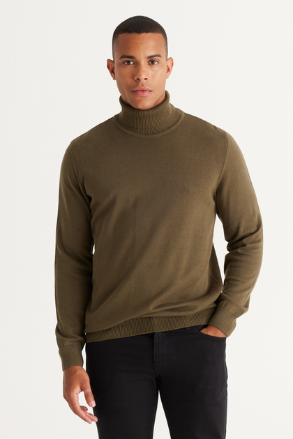Men's Khaki Standard Fit Regular Cut Full Turtleneck Cotton Knitwear Sweater