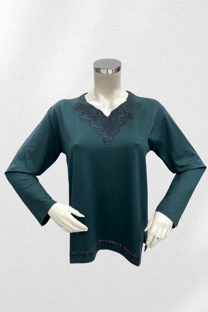 Women's Emerald V-Neck Stoned Skirt Mother Combed Cotton Blouse