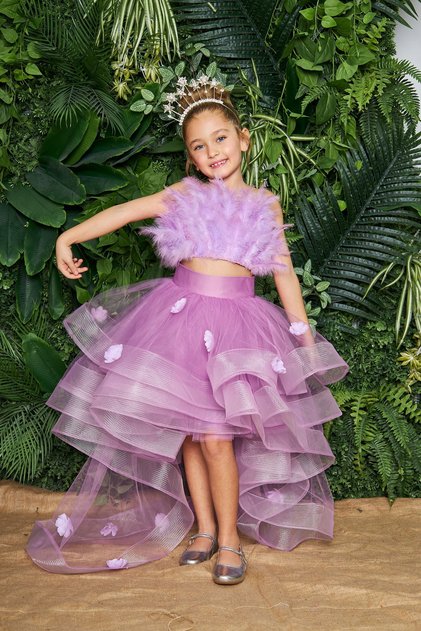 Lilac Feather Crop Skirt Girl Evening Dress