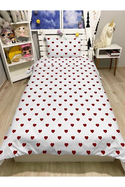 Tek Kişilik Kalpli Desen Nevresim Seti (ÇARŞAFSIZ)