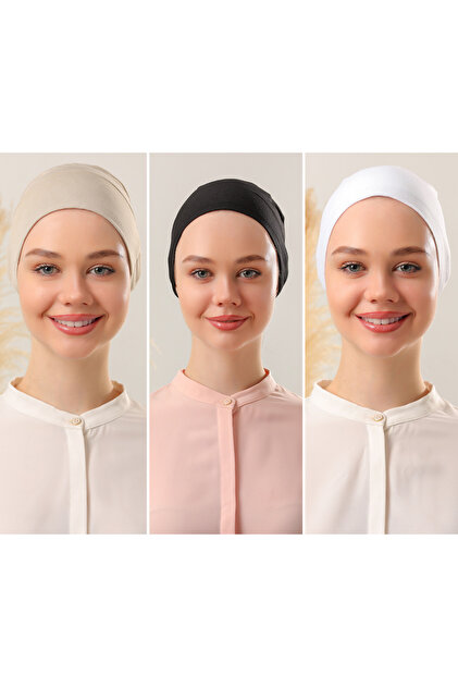 Women's Modest Stitched Set Bonnet Black White Beige 3 Pieces Tie-Detail Jersey Bonnet