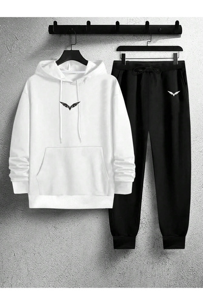 Winter Unisex Black Printed Combed Cotton Tracksuit Set
