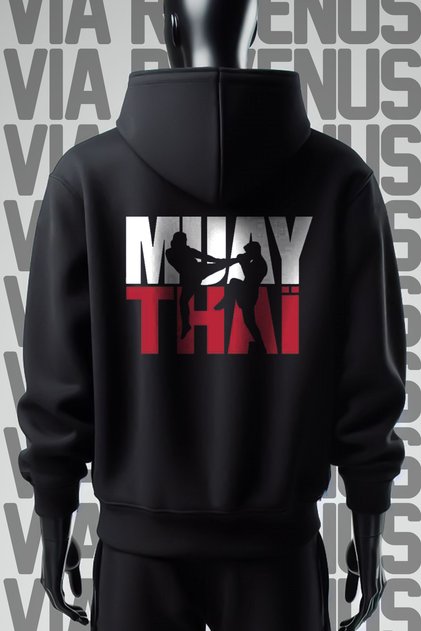سويت شيرت أسود بقلنسوة مطبوع عليه 3 خيوط واسعة من الأمام والخلف من Muay Thai