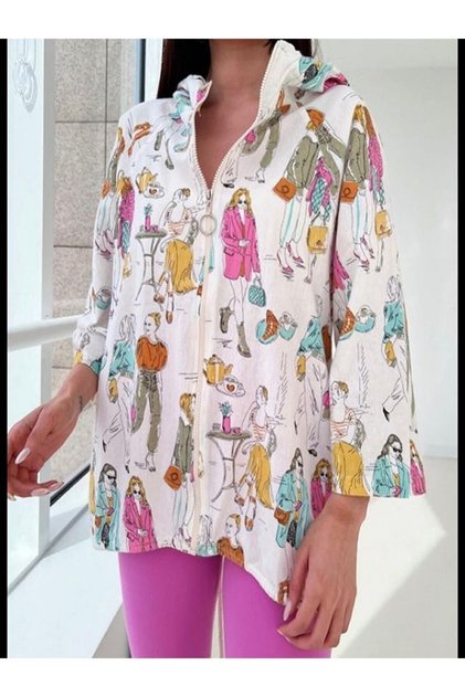 Women's Beige Girl Colorful Embossed Printed Thin Hooded Loose Back Long Jacket A36-080