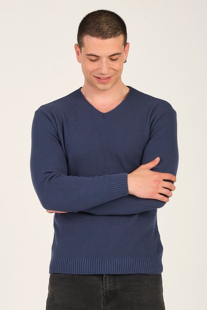 Erkek Indigo V Yaka Basic Triko Kazak