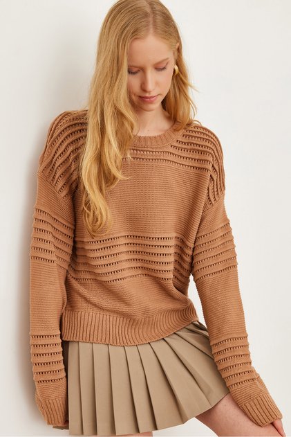 Women's Dusty Rose Textured Stripe Detailed Sweater Kzk- 19000808