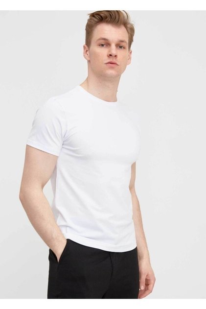 Erkek Beyaz Basic Pamuklu Kısa Kollu Bisiklet Yaka T-Shirt