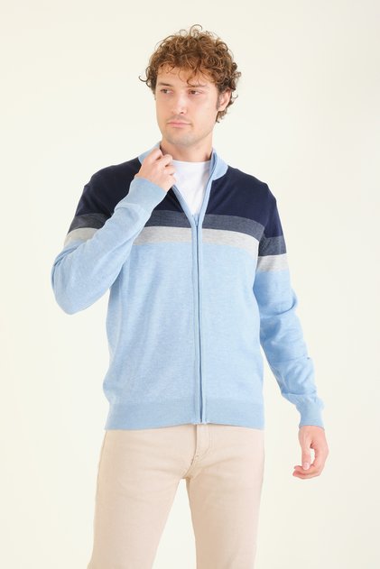 Men's Stand Collar Zippered Cardigan Blue