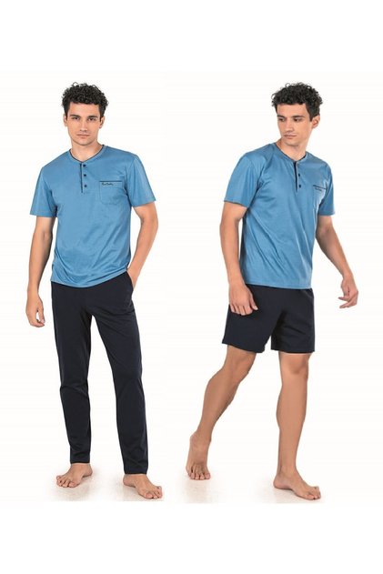 Erkek Mavi Damat Çeyizlik 3lü Penye Pijama Takımı