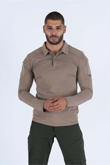 Beige Combat T-Shirt - Tactical, Long Sleeve, Pi̇ke - 802-m