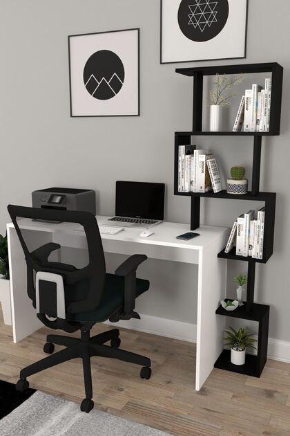 120x50 Pratik Kitaplıklı Çalışma Masası Beyaz Siyah