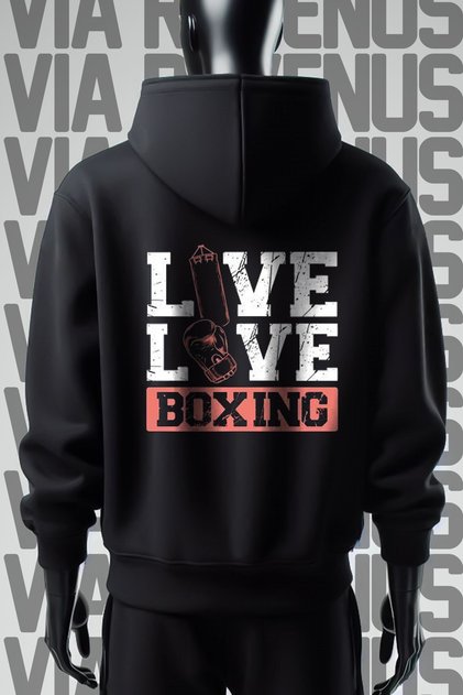 سويت شيرت أسود بقلنسوة مطبوع من الأمام والخلف من Live Love Boxing بقصة واسعة وثلاثة خيوط