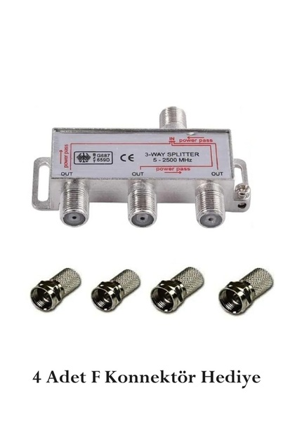 3 lü Splitter + 4 Adet F Konnektör 1/3 Anten Çoklayıcı Bölücü Dağıtıcı 1 Giriş 3 Çıkış 2500Mhz