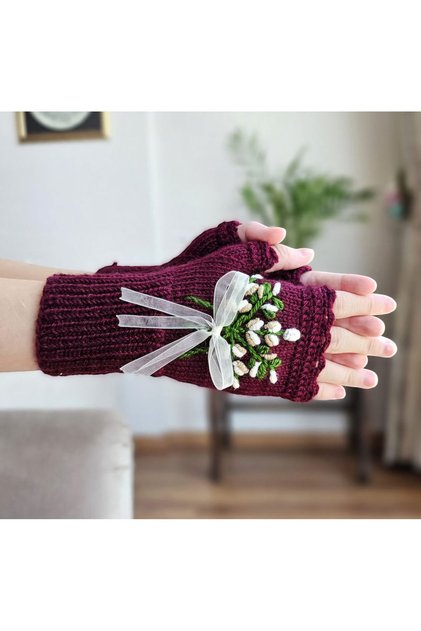 Floral Embroidered Fingerless Women's Gloves - Hand Knitted and Crocheted