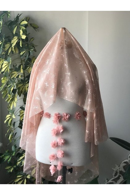 Powder Pink Henna Veil 100 Cm With White Flowers And Laser Flowers Belt