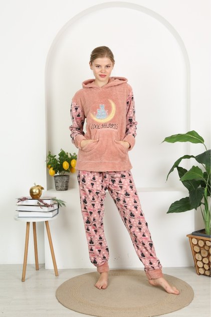 Winter Well Soft Double Fleece Plush Pajamas Set with Cat Pattern Hooded and Kangaroo Pocket