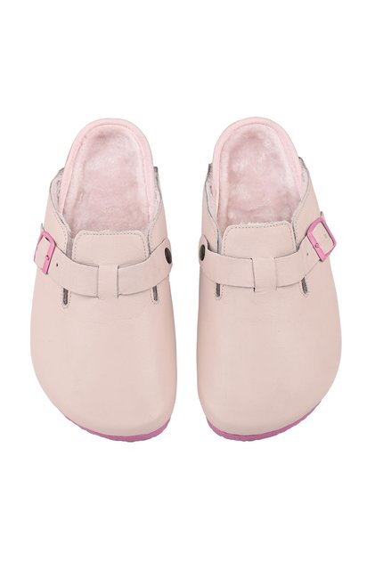 Hakiki Deri Pembe Tüylü Rahat Boston Clog Terlik