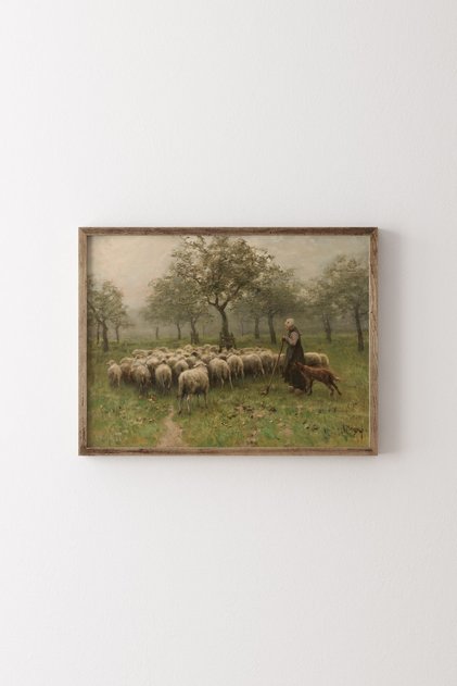 Sheep Herd and Shepherd - Wooden Patterned Frame