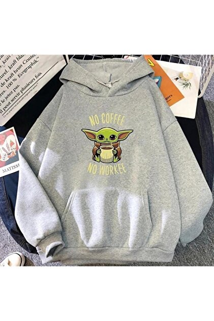 zip moda Baby Yoda No Coffee No Workee Printed Hooded Sweatshirt