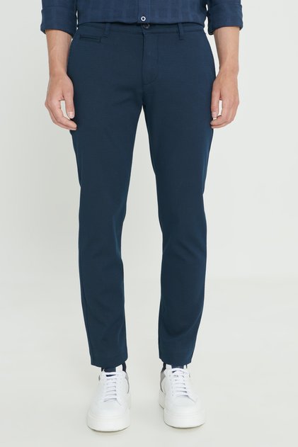 Men's Navy Blue Slim Fit Slim Fit Cotton Dobby Side Pocket Stretchy Fabric Classic Trousers