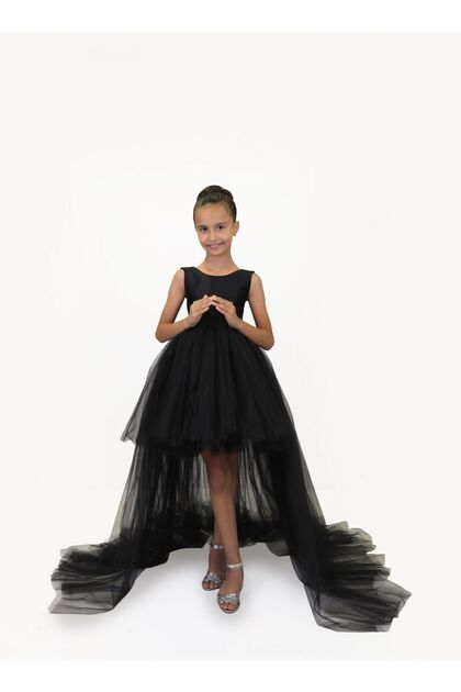 nsmkidslife Girl Child Front short Back Long Tail Detailed BLACK Satin Ball  Gown Party Graduation Dress- Trendyol