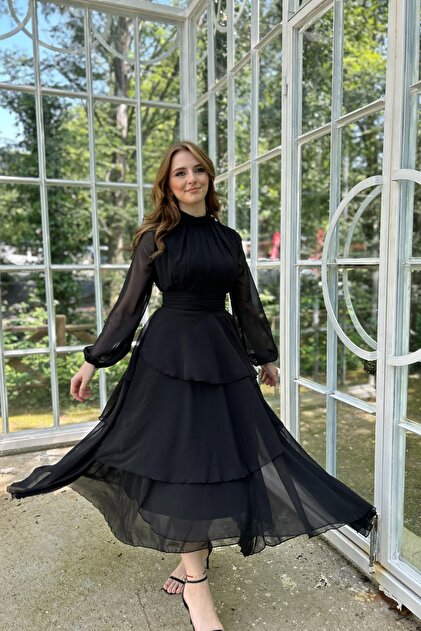 HELS BUTK Black Chiffon Dress - Turtleneck and Drape Detail- Trendyol