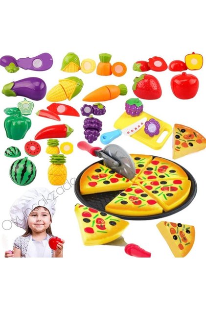 Minik Şef Mutfak Seti 24 Pcs Kesilebilir Meyve Sebze Ve 16 Parça Aksesuarlı Tepsili Pizza Oyuncak