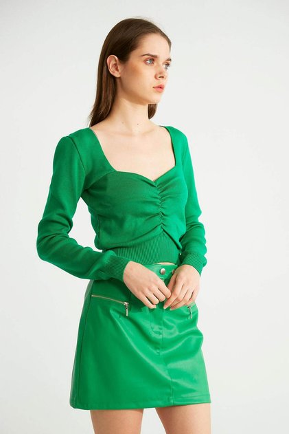 Gathered Front Square Collar Knitwear Green