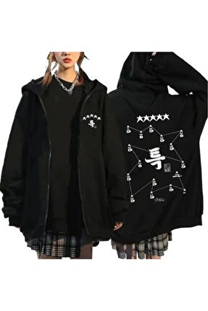 MECH BUTİK Kuromi Cheeky Baskılı Siyah Fermuarlı Oversize Hırka