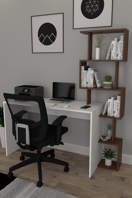 Koordinat Pratik Kitaplıklı Çalışma Masası Beyaz Ceviz 120x50