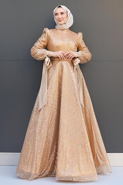 GZ AGYM Arzu Tesettr Evening Dress Gold- Trendyol
