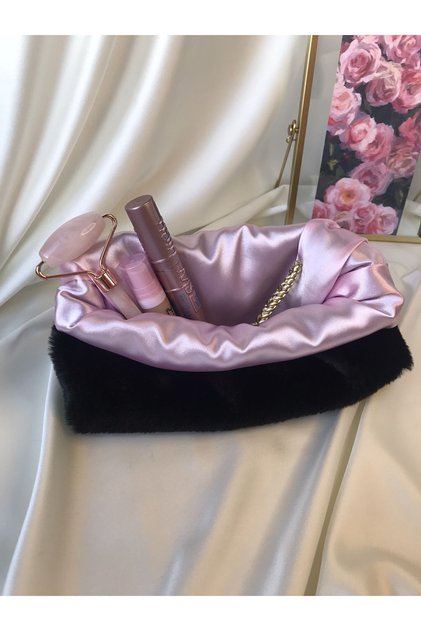 Plush Makeup and Care Bag Black Plush Pink Satin