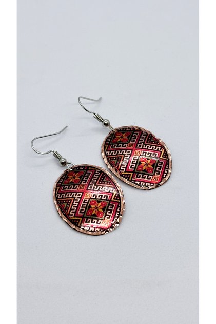 Handmade Ethnic Patterned Oval Copper Earrings