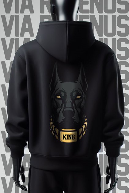King Doberman Front and Back Printed 3 Thread Wide Pattern Black Hooded Sweatshirt