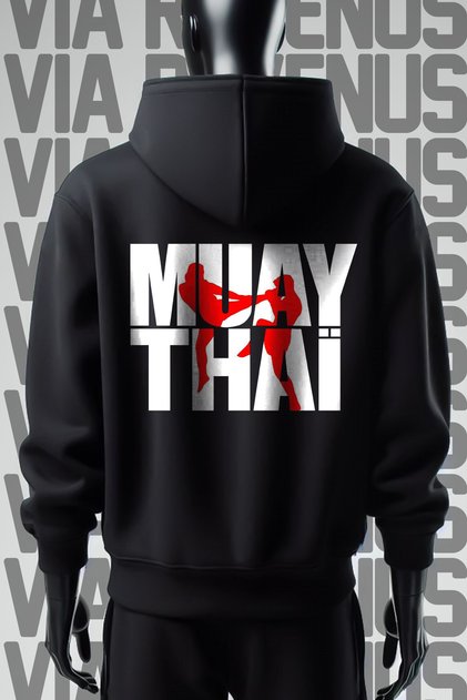 سويت شيرت أسود بقلنسوة مطبوع عليه 3 خيوط واسعة من الأمام والخلف من Muay Thai