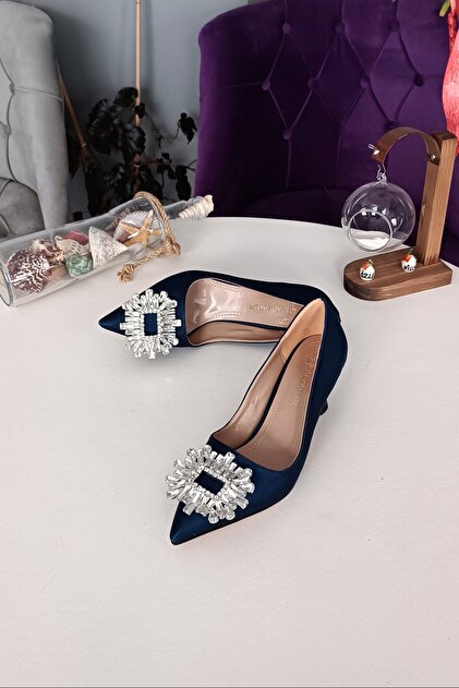 Navy Blue Satin 7cm Heeled King Stone Evening Dress Stiletto Women's Shoes