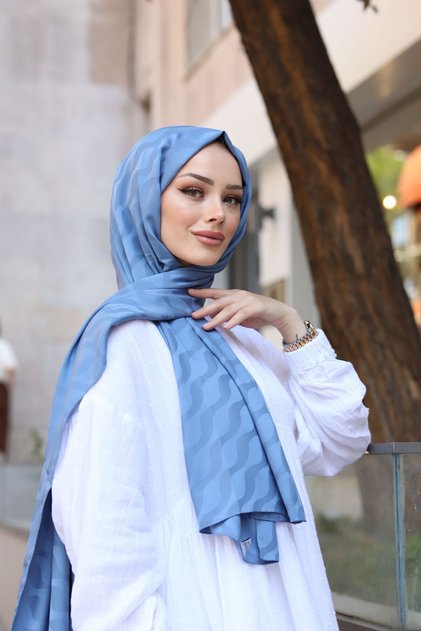 SUYOLU DESEN MAVİ İPEKSİ JAKAR ŞAL