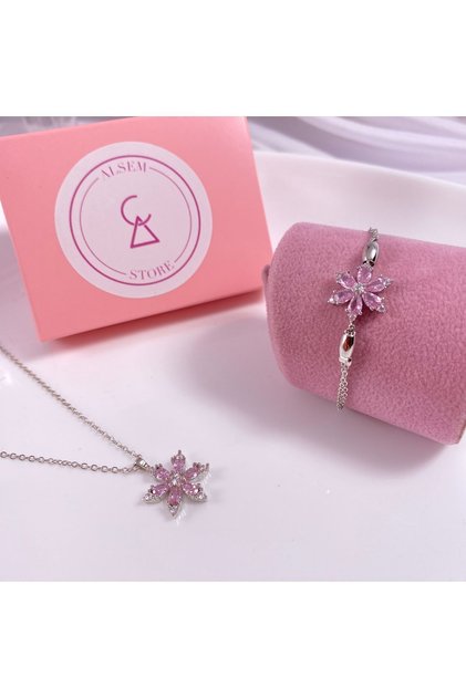 Gümüş Kaplama Pembe Lotus Bileklik ve Kolye Seti , Lotus Çiçeği Bileklik ve Kolye , Şans Bilekliği