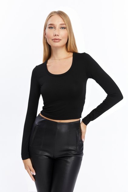 Women's Black Crew Neck Long Sleeve Crop Blouse