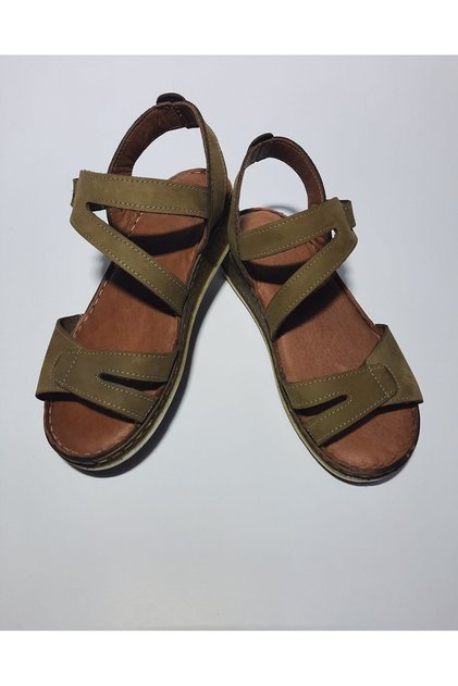 100% Genuine Leather Inside and Out, Khaki Color, Wedge Heel, Light Sole, Velcro Sandals.