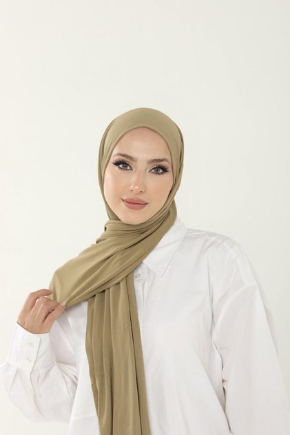شال قطن ممشط فاخر باللون الأخضر الزيتي - شال حجاب جيرسي ليكرا للسيدات