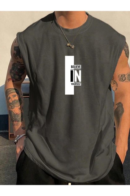 Tricou cu imprimeu BELIEVE, fără mâneci, pentru bărbați, îmbrăcăminte sport, supradimensionat