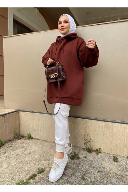 Extra Oversize Kahverengi Basic 3 Iplik Pamuklu Şardonlu Kadın Sweatshirt 1003