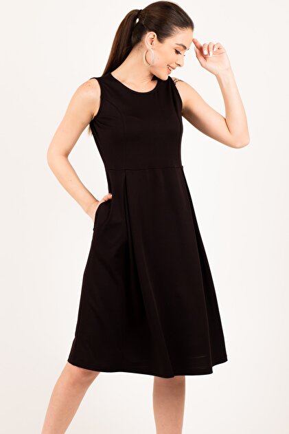 armonika Kadın Siyah Kolsuz Cepli Midi Boy Elbise ARM-19Y001023 - 2