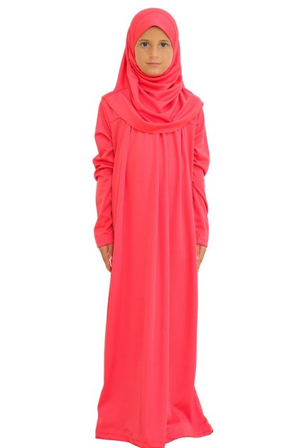 Two Pieces Kids Prayer Dress Set Suit with Scarf, Islamic Clothing Suit for Girls - Red