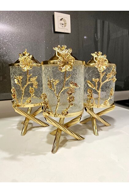 İmren Collection Japon Gül Pirinç Çatlak Cam 3'lü Kavanoz Seti