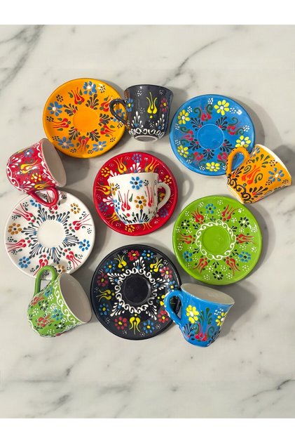 Decorative 6-Person Stylish Tulip Tile Design Fully Handmade Coffee Cup Set