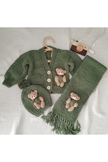Ayıcıklı El Örgüsü Unisex Bebek Çocuk Hırkası Bere ve Atkı Set