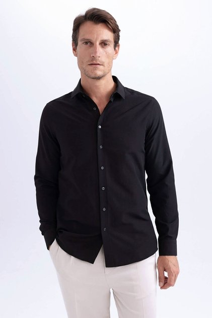 Erkek Siyah Slim Fit Kolay Ütülenen Uzun Kollu Polo Yaka Poplin Gömlek